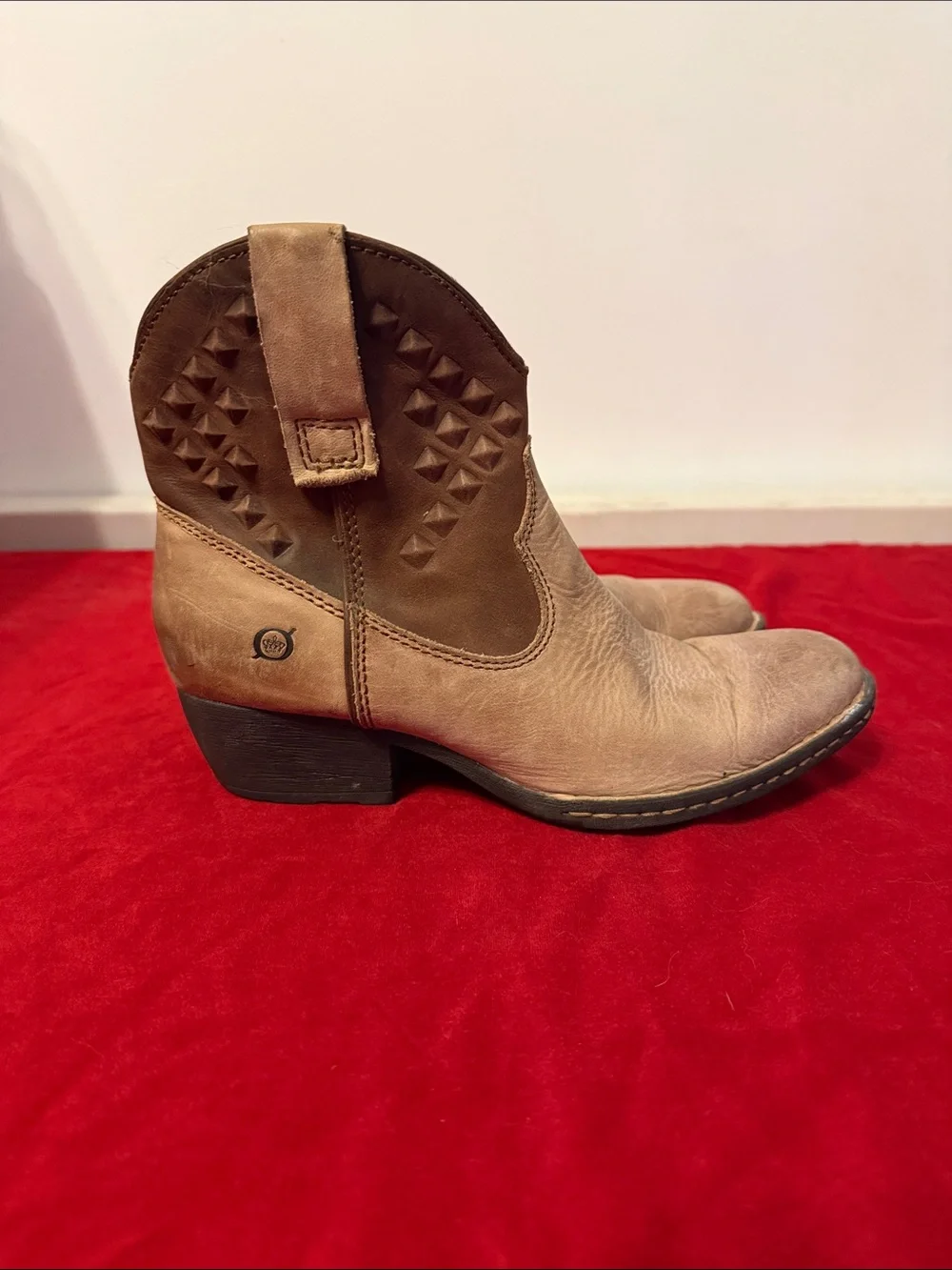 Born Women’s Two-Tone Tan Studded Western Ankle Boots